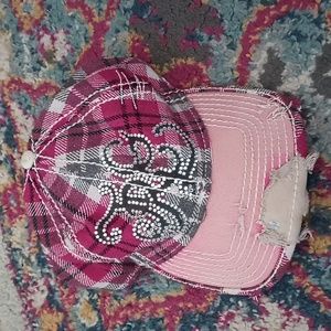 True Religion Distressed Pink Gray Flannel Jeweled SnapbackvY2K Baseball Hat